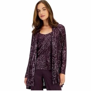 Anne Klein Sequin Open-Front Cardigan Plum size XL New
